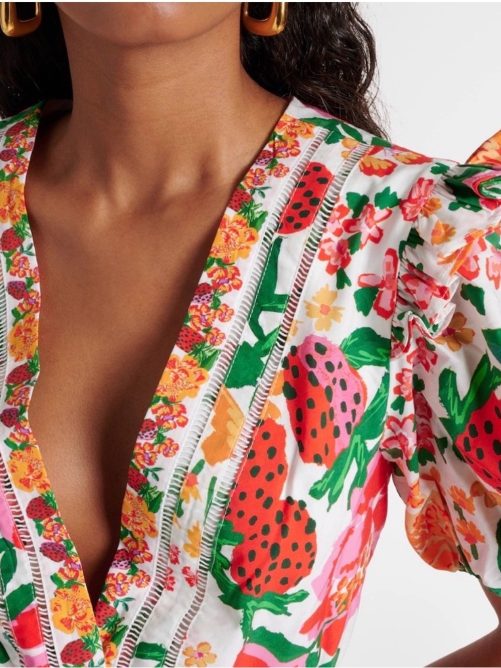 FARM Rio White Floral Belted V-Neck Romper with Pink Orange Green Accents - Picture 3 of 3